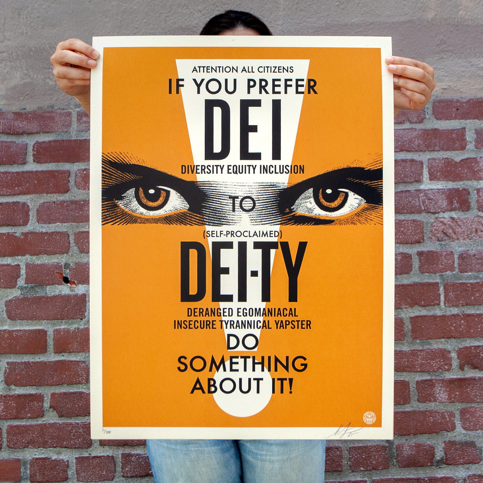 Hands holding a pop art poster with text