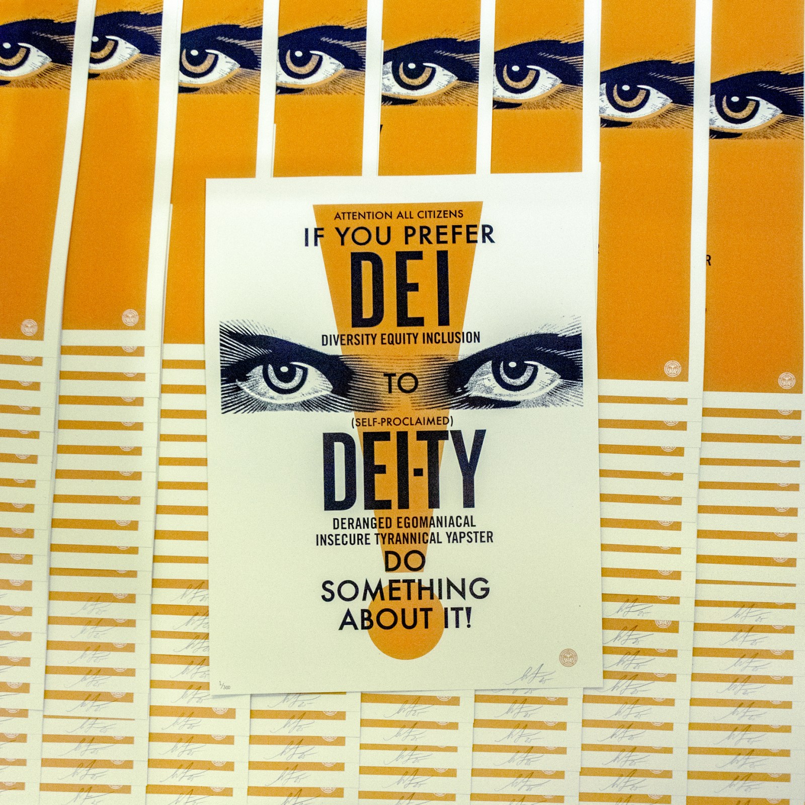 A poster with text: ATTENTION ALL CITIZENS IF YOU PREFER DEI DIVERSITY EQUITY INCLUSION TO (SELF-PROCLAIMED) DEITY DERANGED…