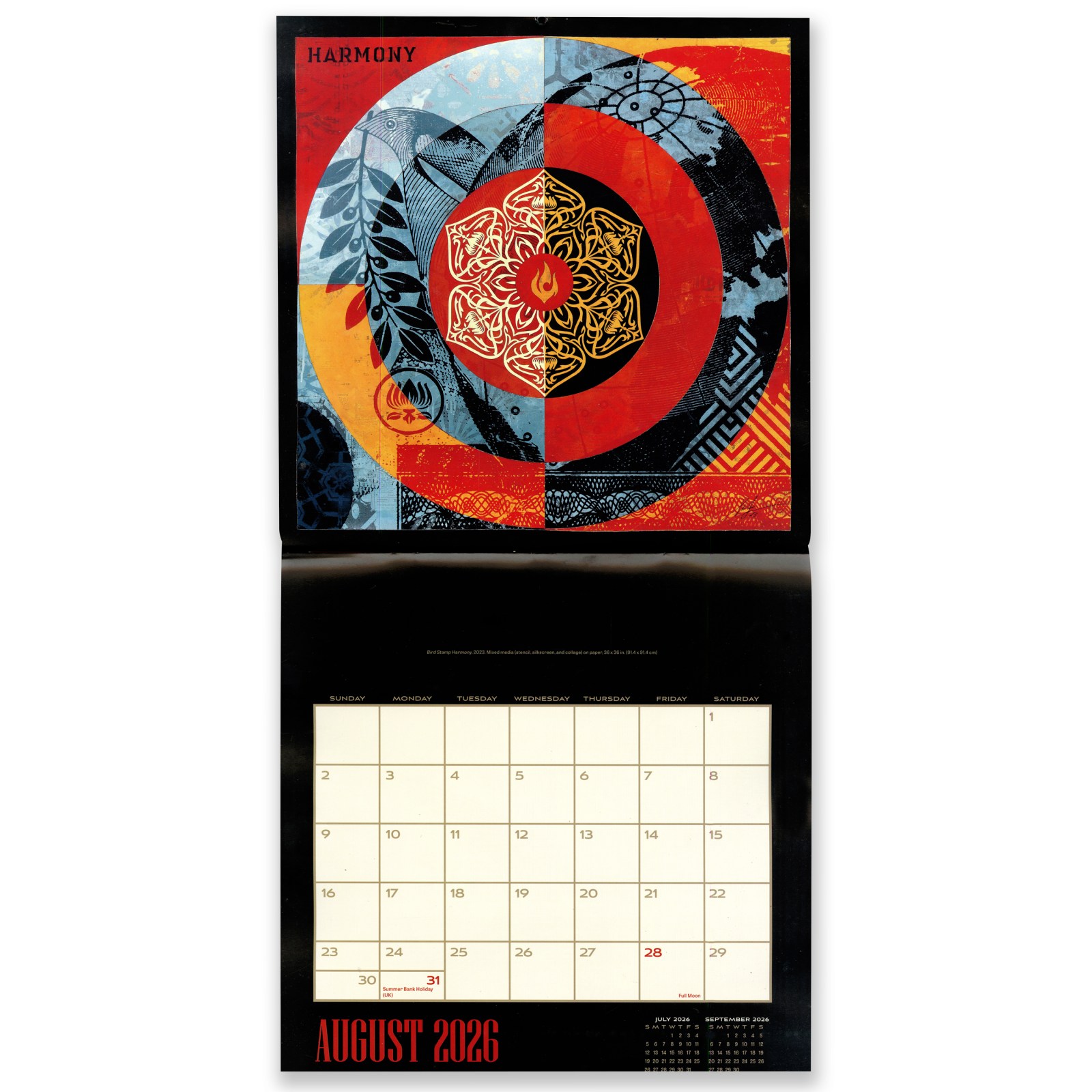 August 2026 calendar featuring Bird Stamp Harmony artwork; mixed media stencil, silkscreen, collage.