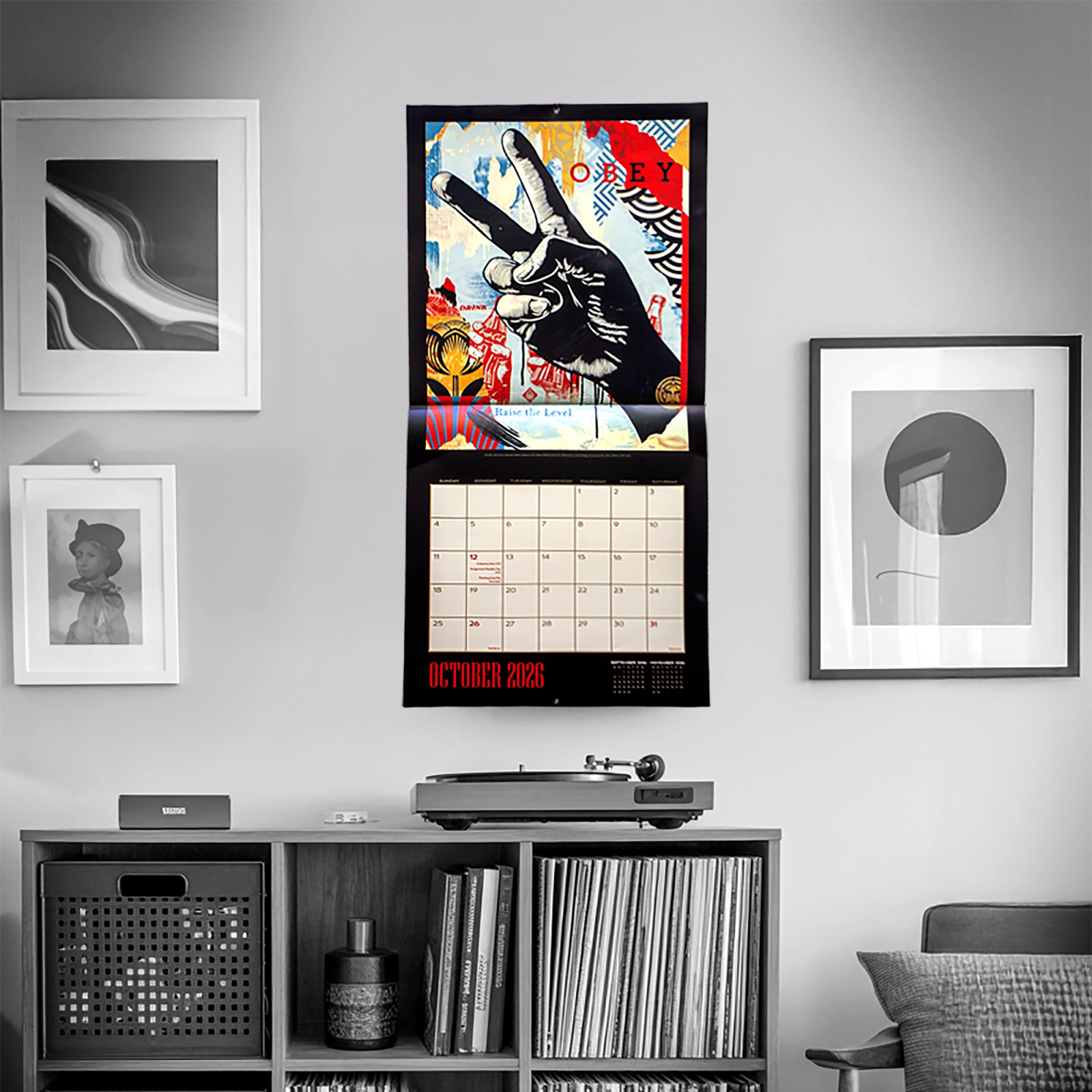 Obey 2026 calendar featuring peace sign art; October 2026.