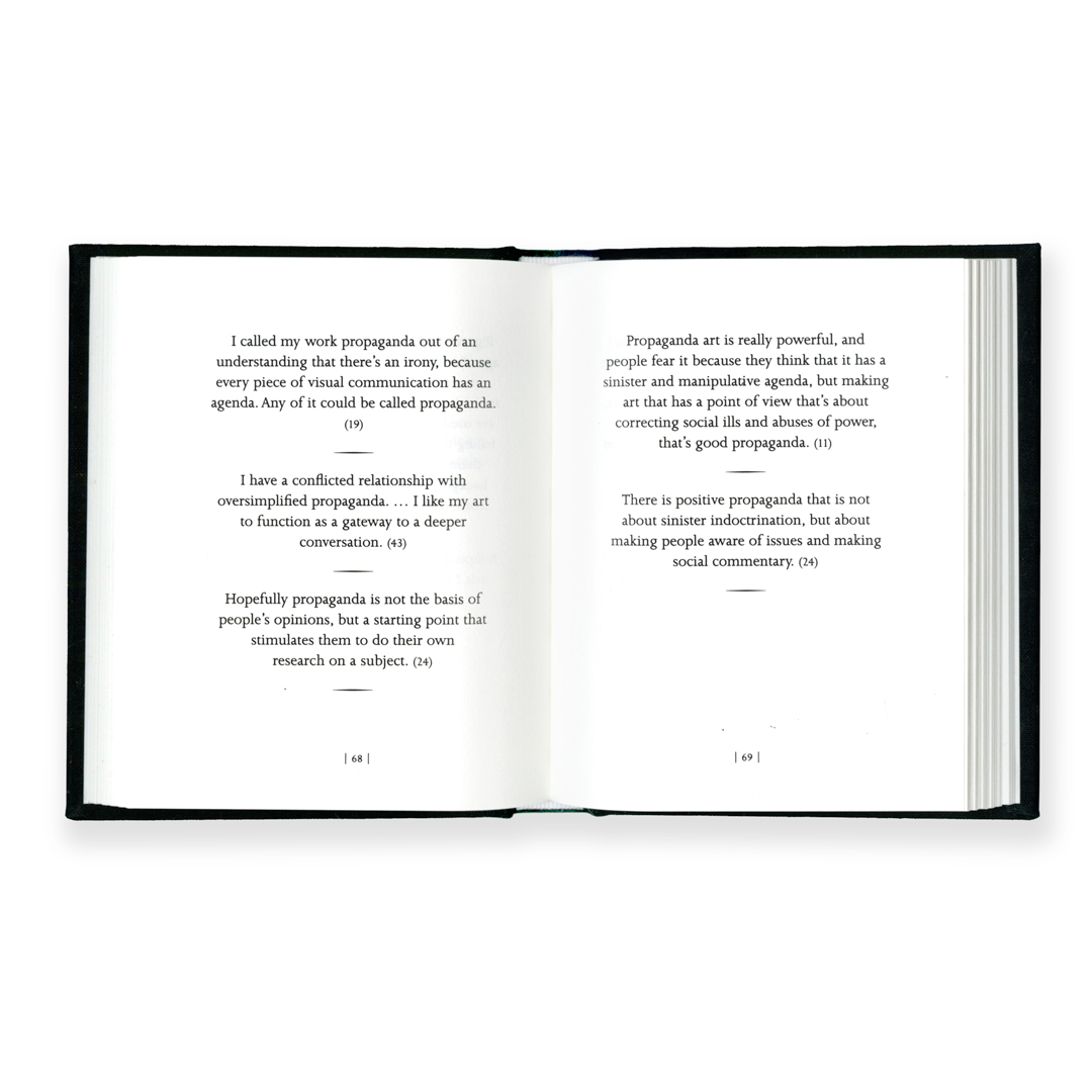 An open book displaying text on the left page about propaganda as visual communication, and on the right page about…