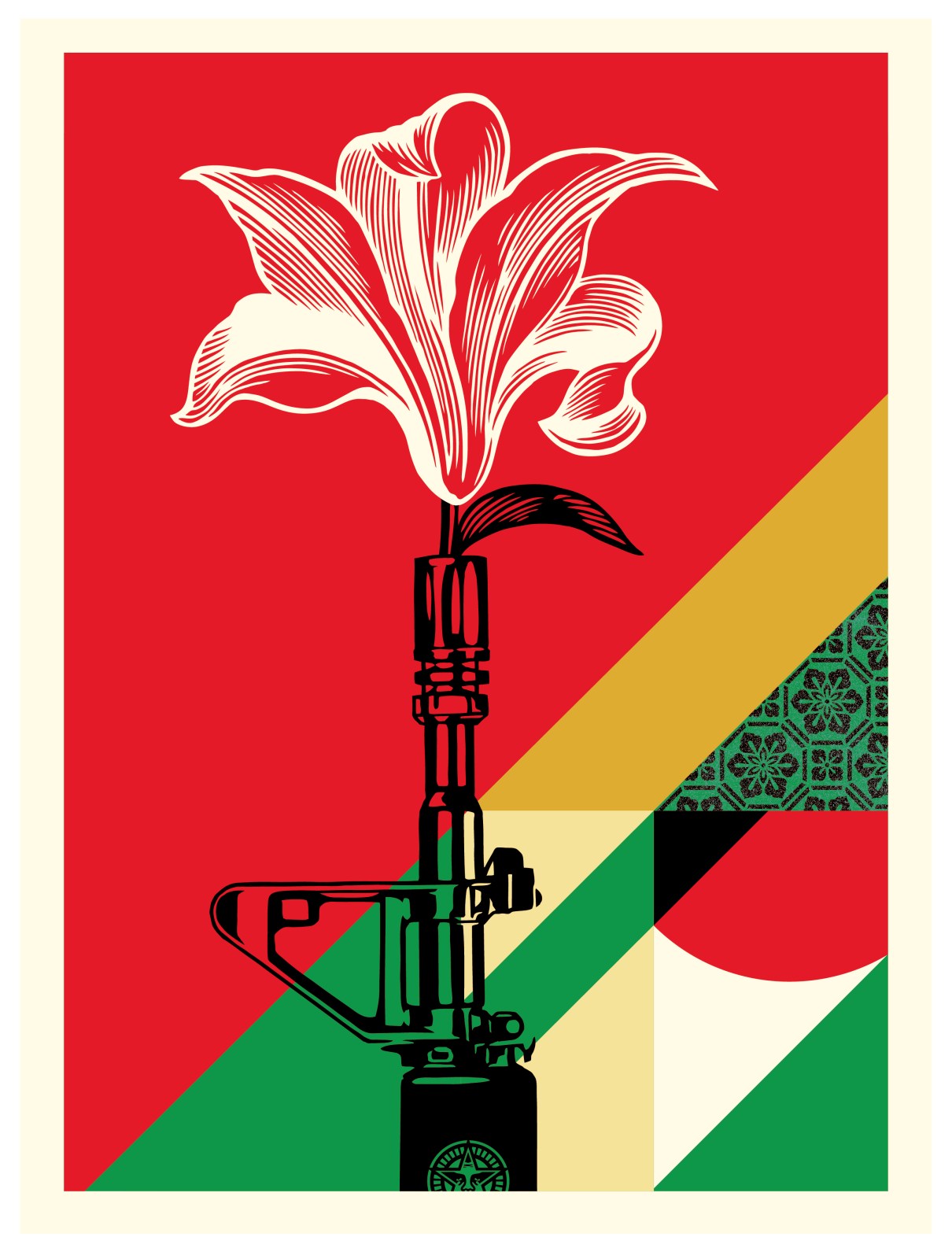 A white lily blooms from the barrel of a black assault rifle against a red background with geometric shapes in green, gold…