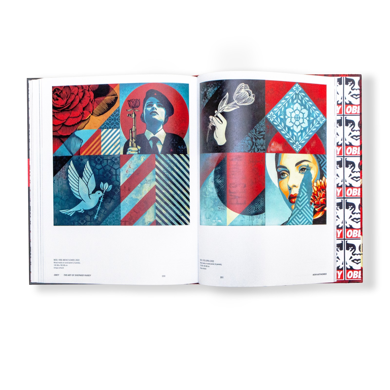 An open book displaying two colorful pop art prints: one with a rose, a dove, and a figure holding a trophy, and another…