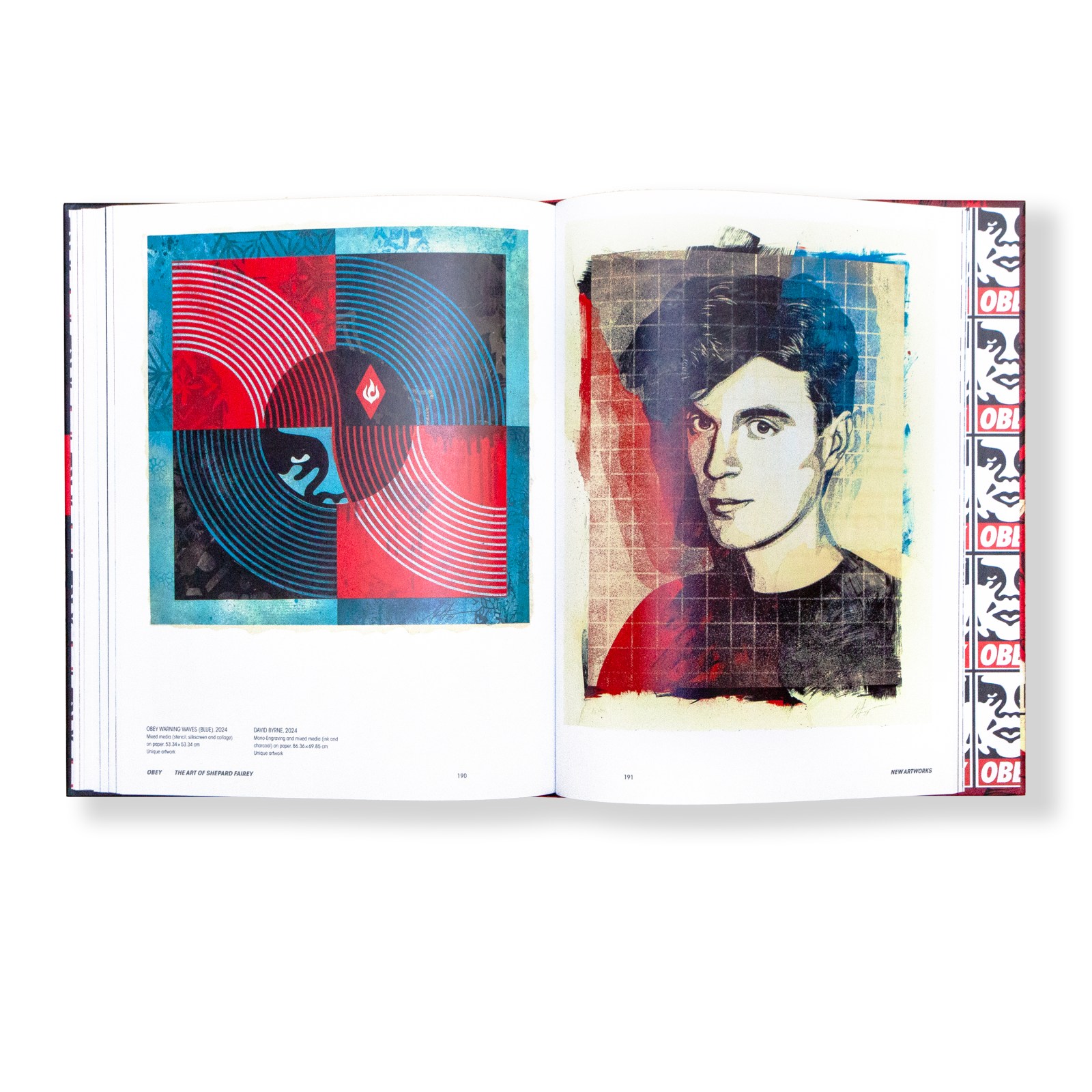 An open book displaying two pop art prints: one with concentric circles and a face, and another a portrait of a man with…