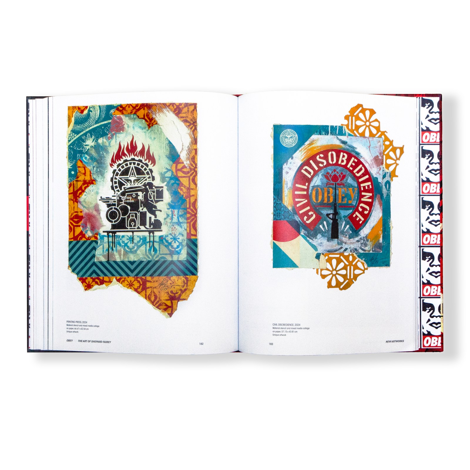 An open book displaying two pop art prints: one with a burning machine and patterns, and another with