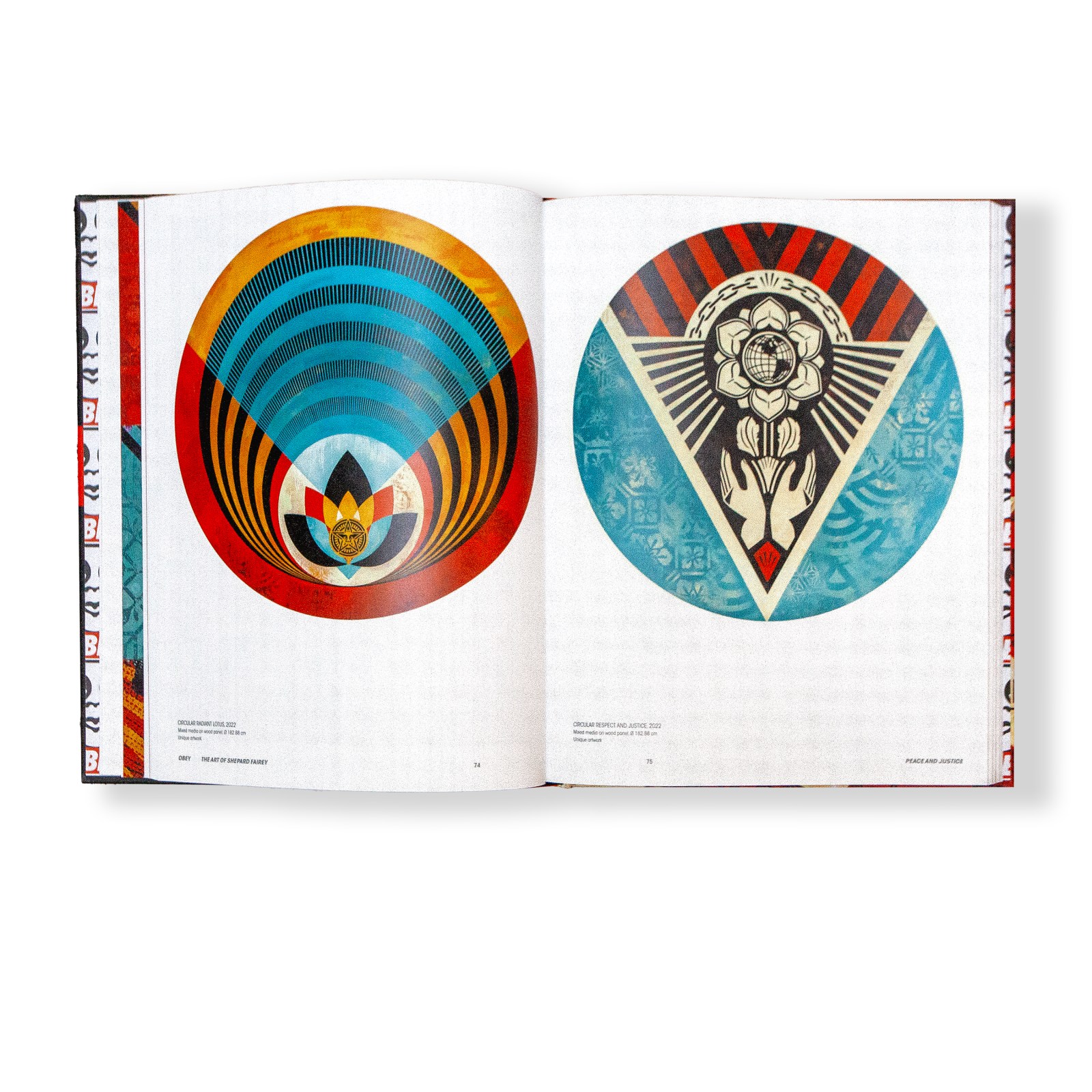 An open book displaying two circular pop art prints: one with concentric patterns in blue, red, and yellow, and another with…