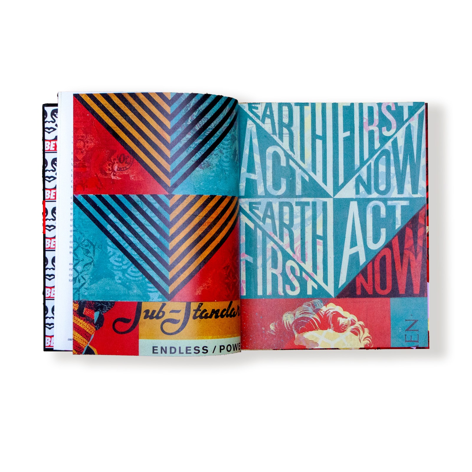An open book displaying colorful pop art pages with geometric patterns and text