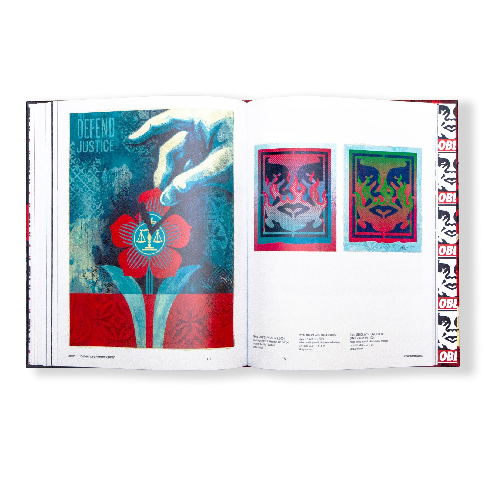 An open book displaying a pop art print with a hand holding a flower with scales of justice, and two smaller prints of…