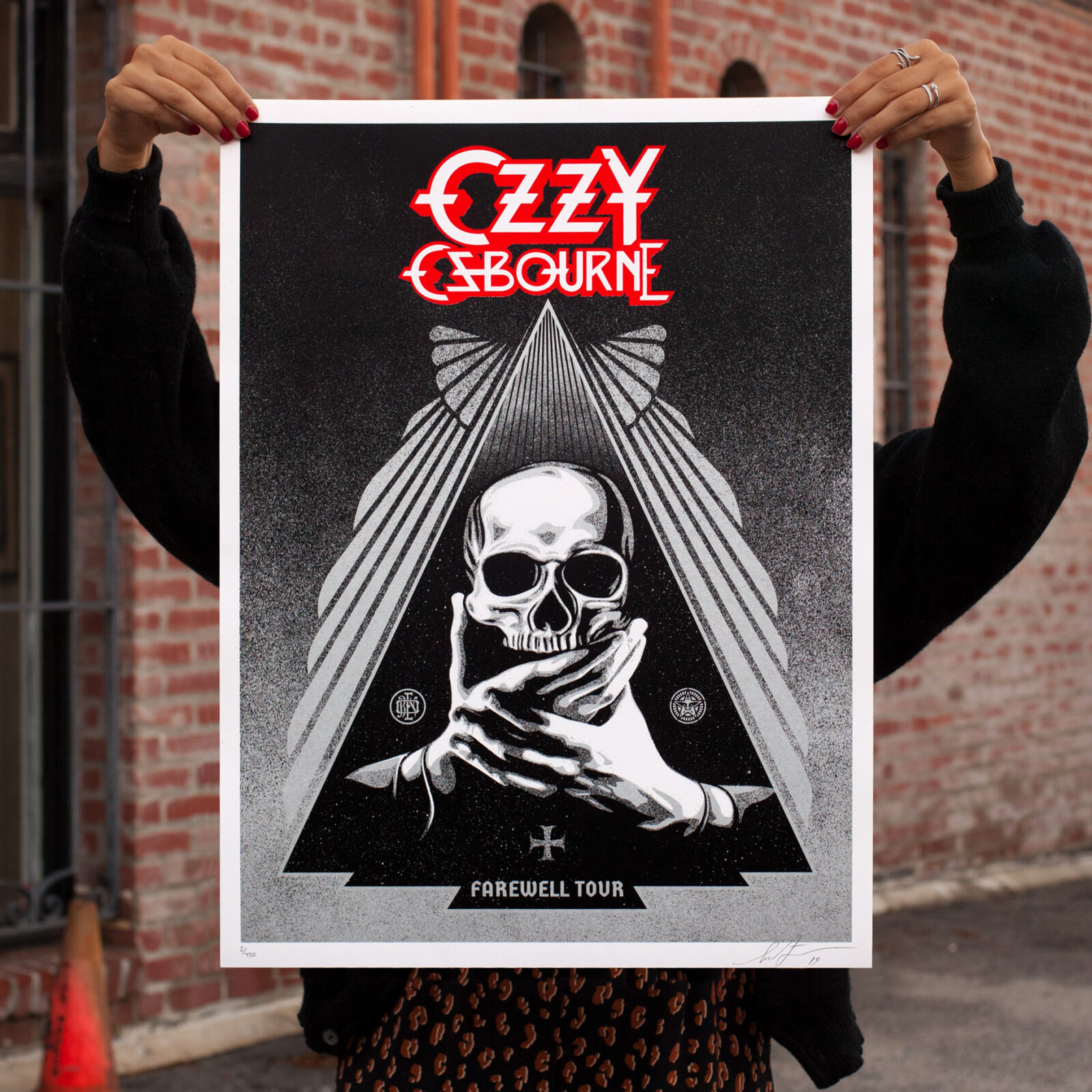 Ozzy Osbourne Farewell Tour poster; skull graphic; red and silver text.