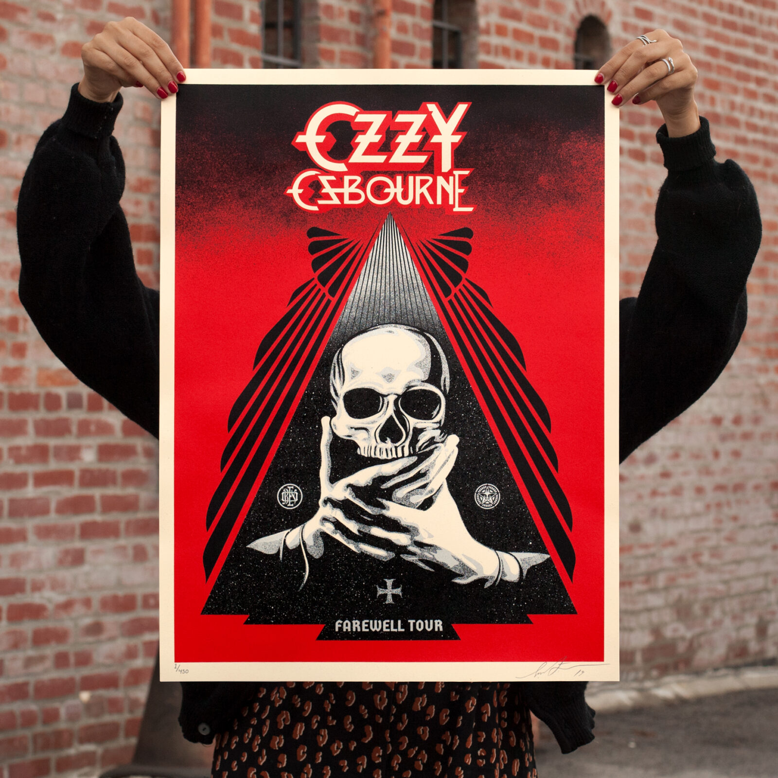 Ozzy Osbourne Farewell Tour poster; skull imagery; red and black.
