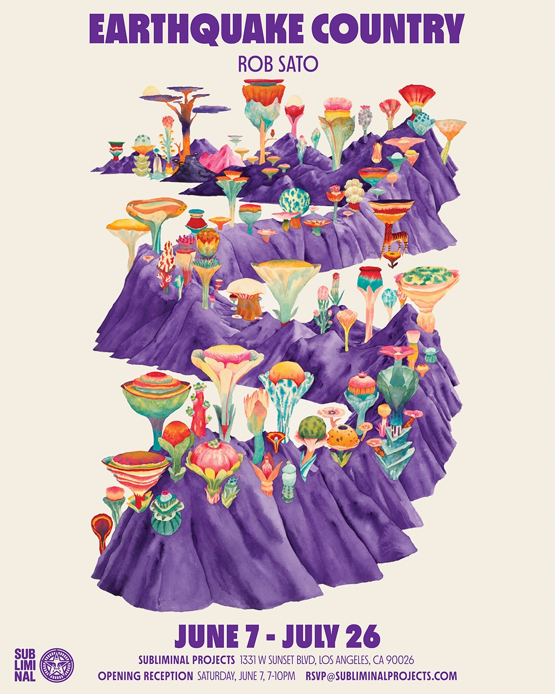 A poster for "EARTHQUAKE COUNTRY" by Rob Sato, featuring purple mountains with colorful, mushroom-like structures on top…