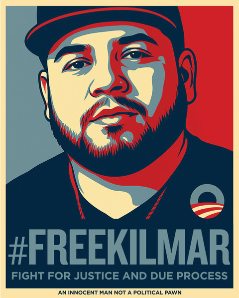 Stylized portrait of a man with a beard and hat in red, blue, and gray. Text: #FREEKILMAR. FIGHT FOR JUSTICE AND DUE…