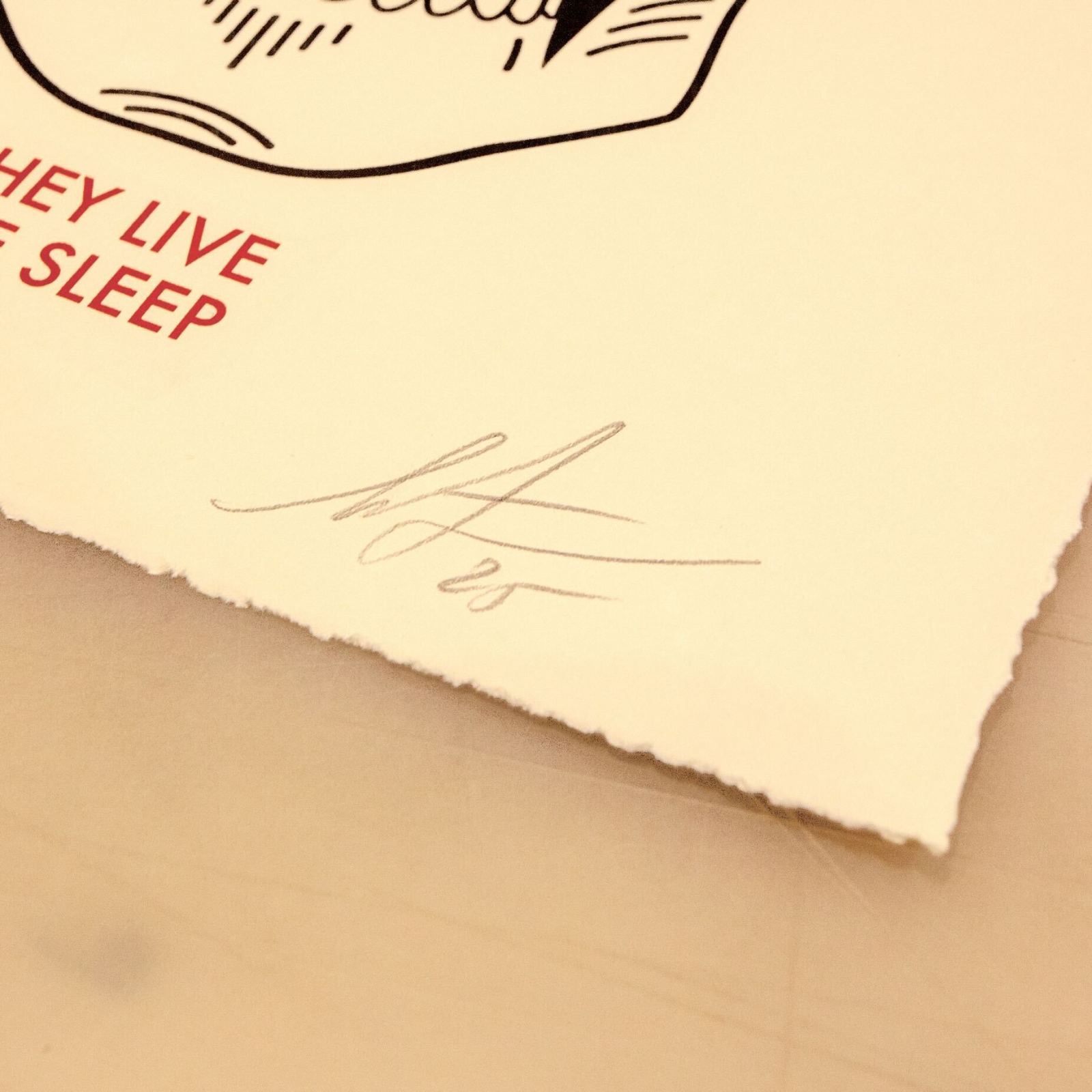 Signed print; Hey Live Sleep text; artist signature.