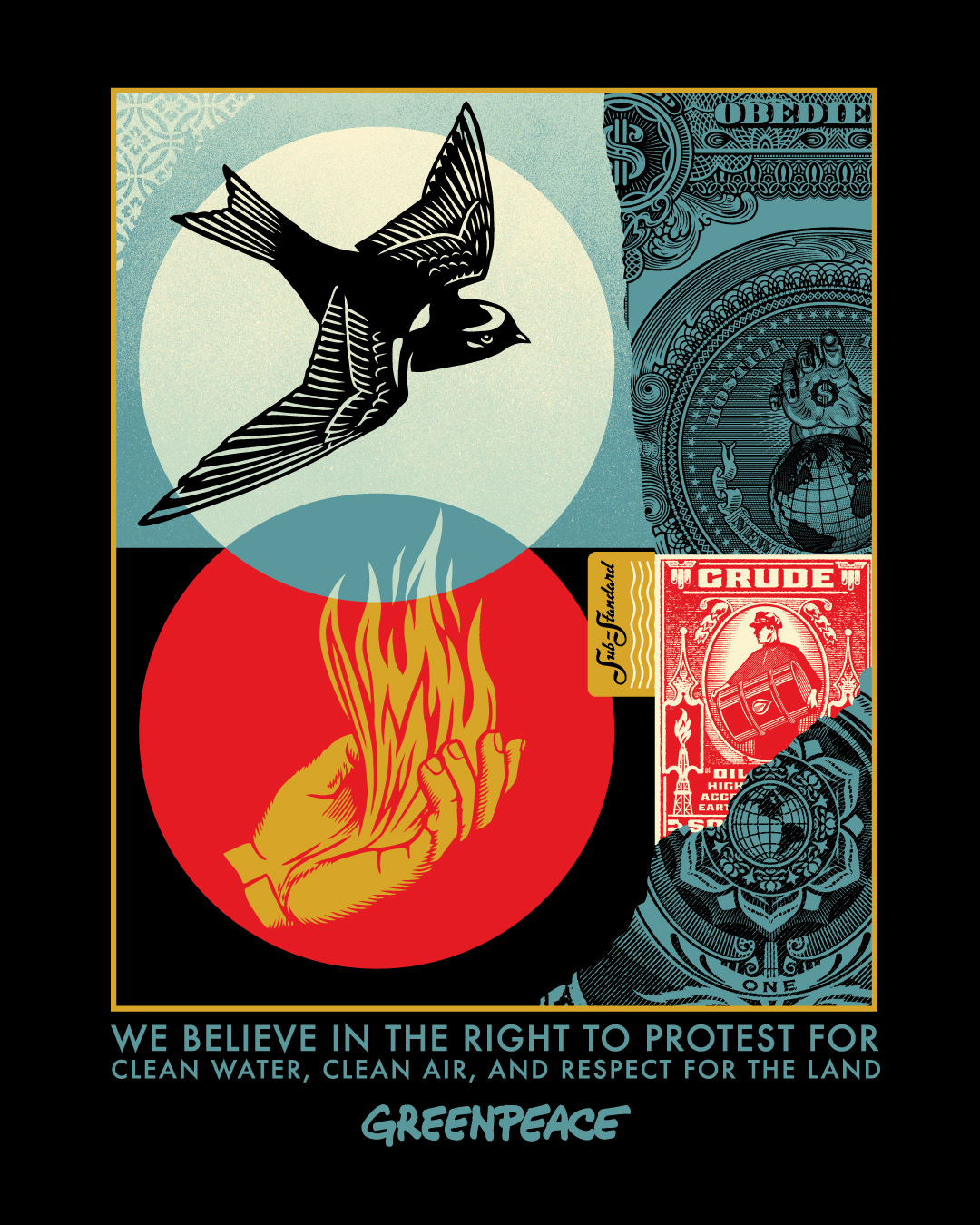 A graphic design poster with a bird, a hand holding fire, and text: WE BELIEVE IN THE RIGHT TO PROTEST FOR CLEAN WATER…