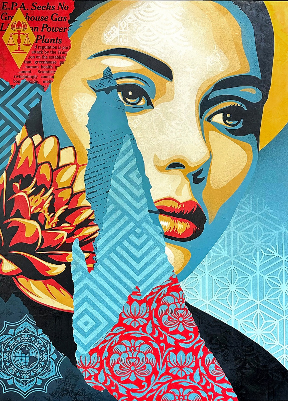 Abstract portrait with text: E.P.A. Seeks No Greenhouse Gas Limits on Power Plants.