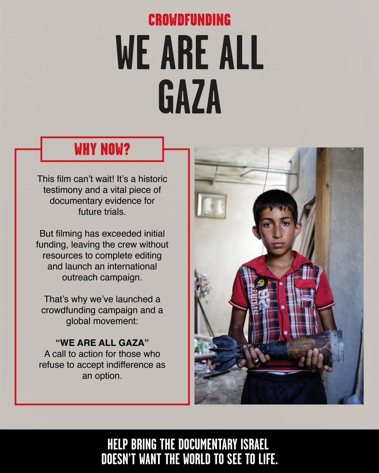 A crowdfunding poster with text "CROWDFUNDING WE ARE ALL GAZA" and "WHY NOW?" explaining the film's importance. A boy holds…