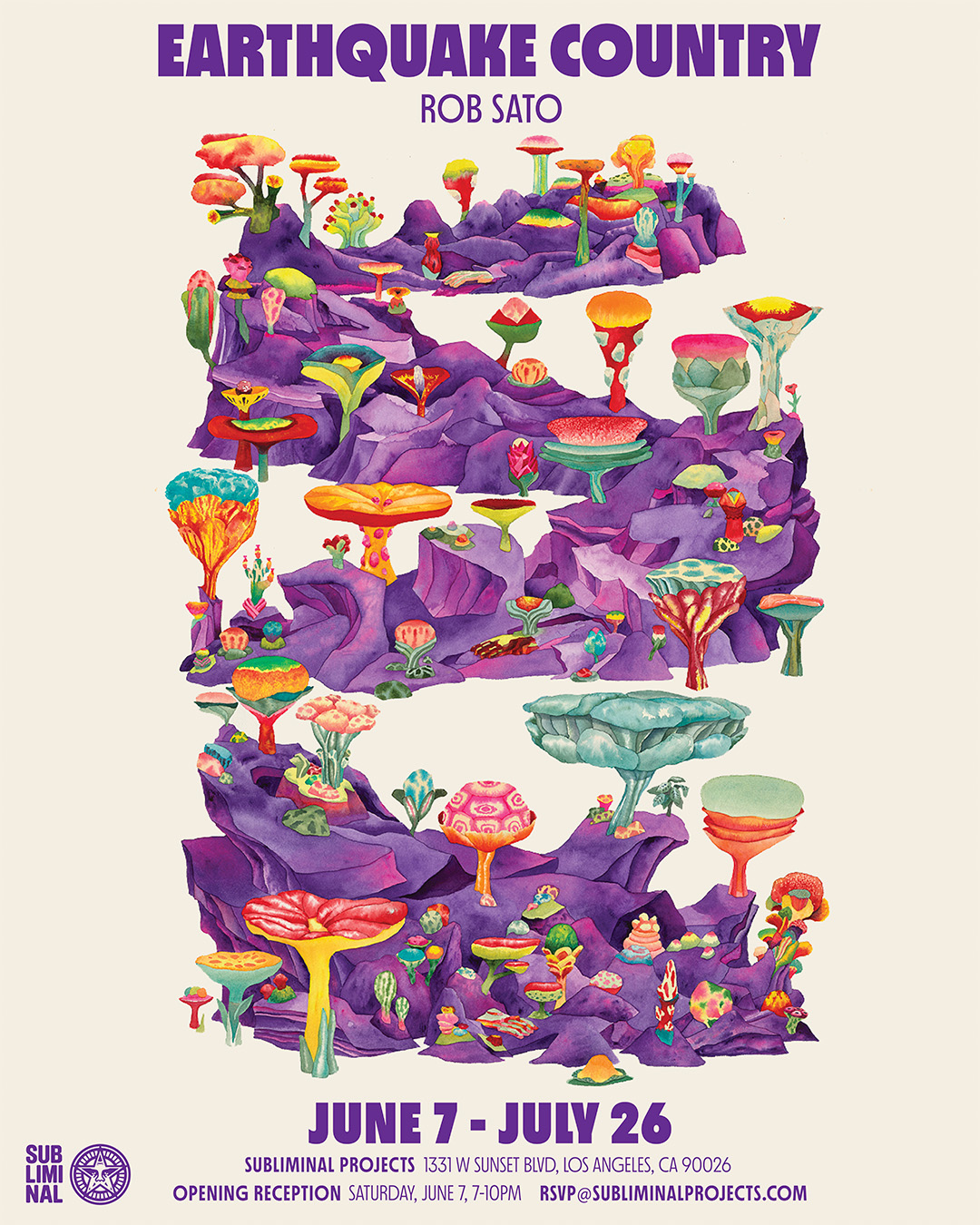 A poster for "Earthquake Country" by Rob Sato, featuring a watercolor painting of purple, undulating hills covered in…