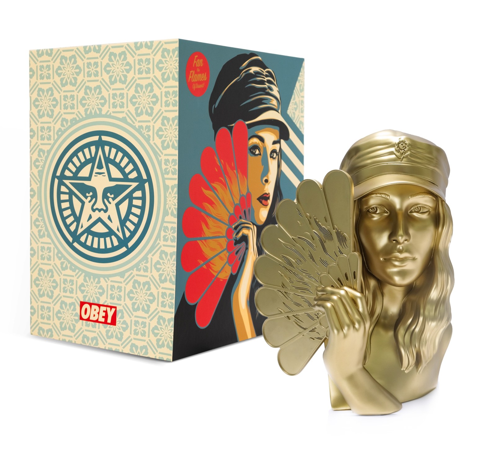 Gold bust sculpture of a woman holding a fan, next to its packaging; Fan the Flames and OBEY are visible.