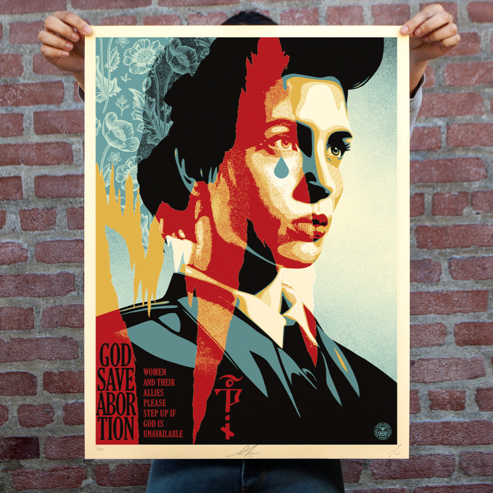 A person holds a poster of a woman with a tear, text reads: "GOD SAVE ABORTION WOMEN AND THEIR ALLIES PLEASE STEP UP IF GOD…