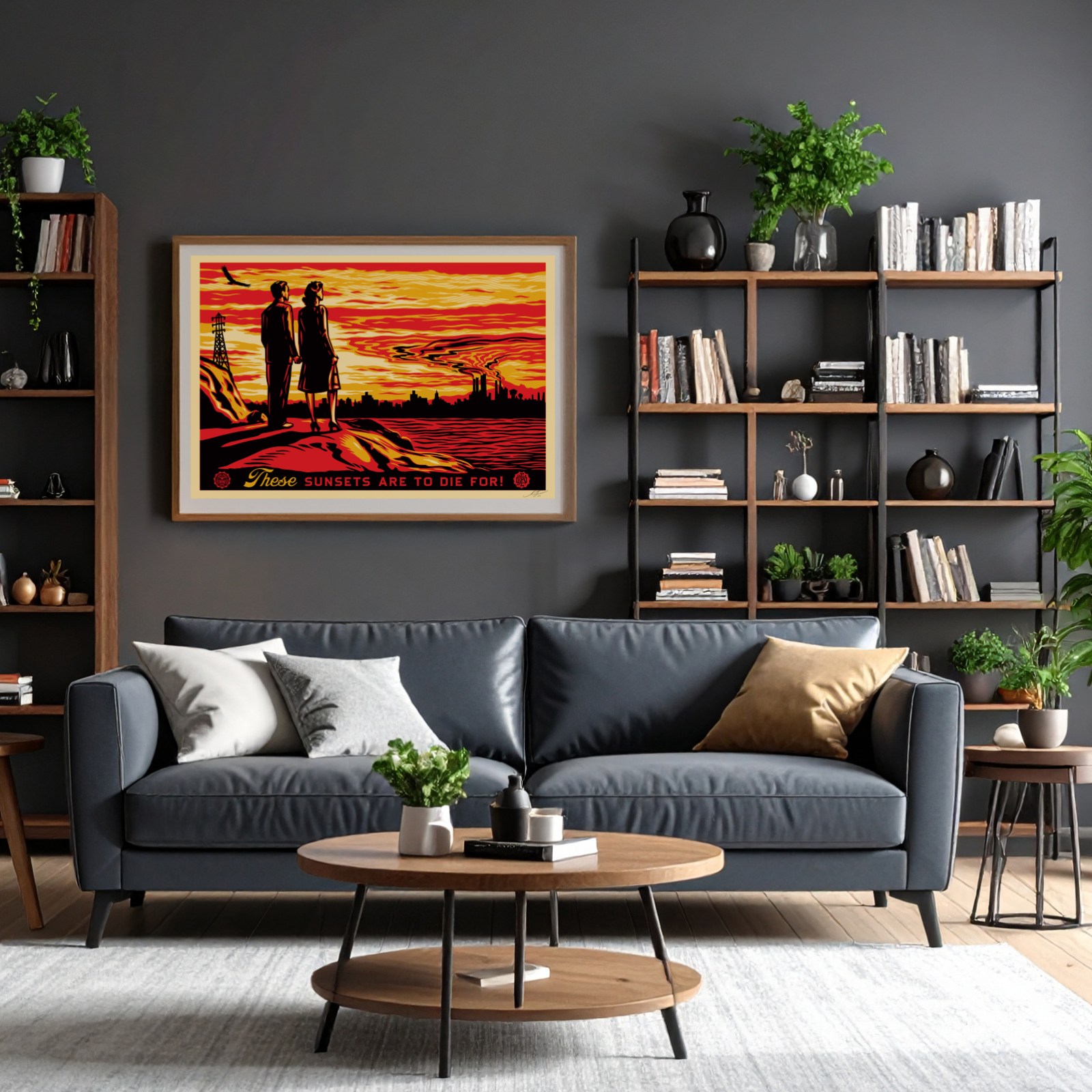 A framed poster hangs above a gray couch in a modern living room. It shows a couple watching a fiery sunset over an…