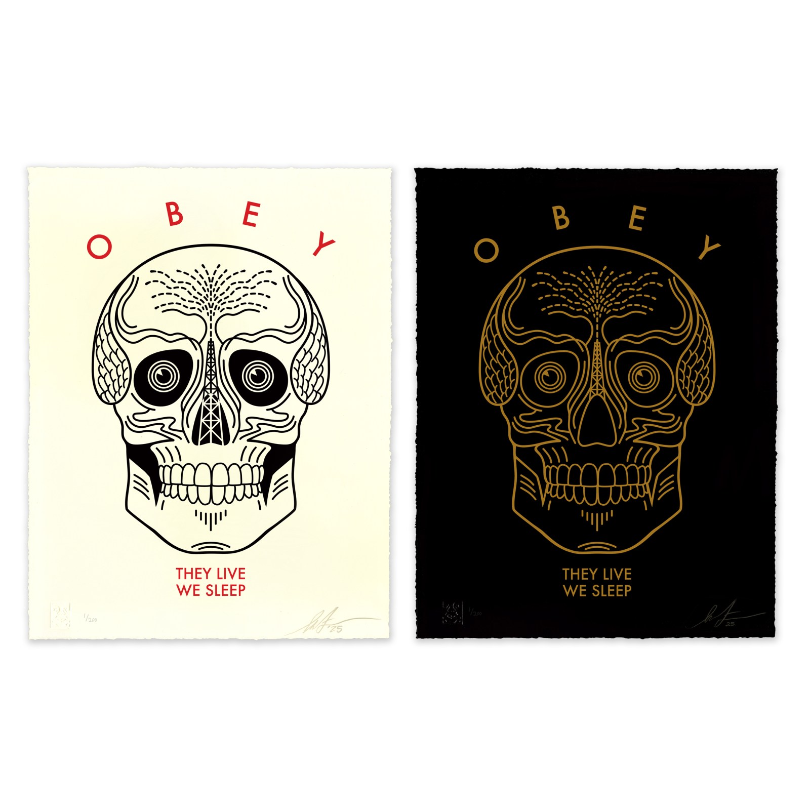 OBEY print: Diptych of skull with oil derrick; They Live, We Sleep
