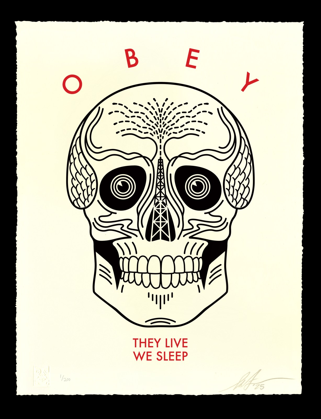 OBEY print of skull with oil derrick; They Live We Sleep