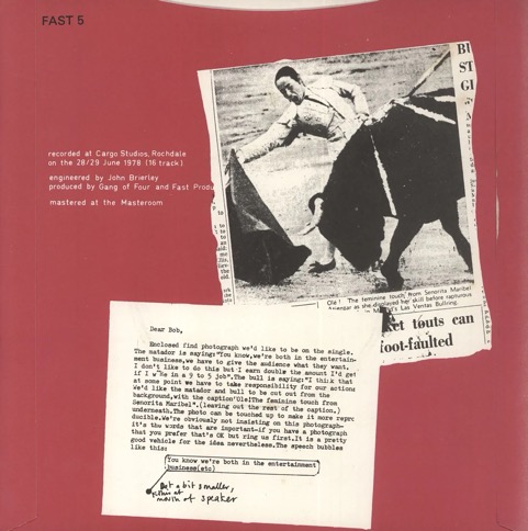 Album art with a bullfighter and bull, and a typed letter about the image, on a red background.