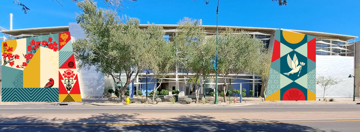 Image credit: Rendering of Shepard Fairey mural "Interdependent Nature” at Mesa Arts Center A vibrant mural on a building, featuring geometric patterns, flowers, a bird, and a dove, in red, yellow, blue, and cream…